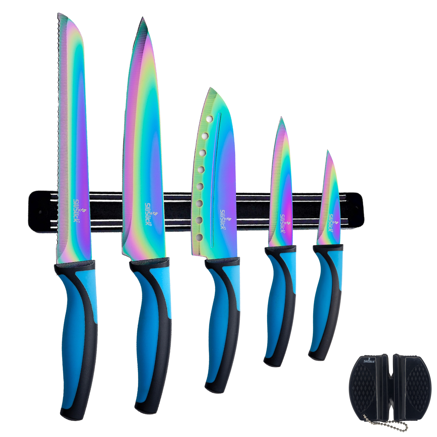 Kitchen Knife Set Kit | Blue Handle & Black Magnetic Rack