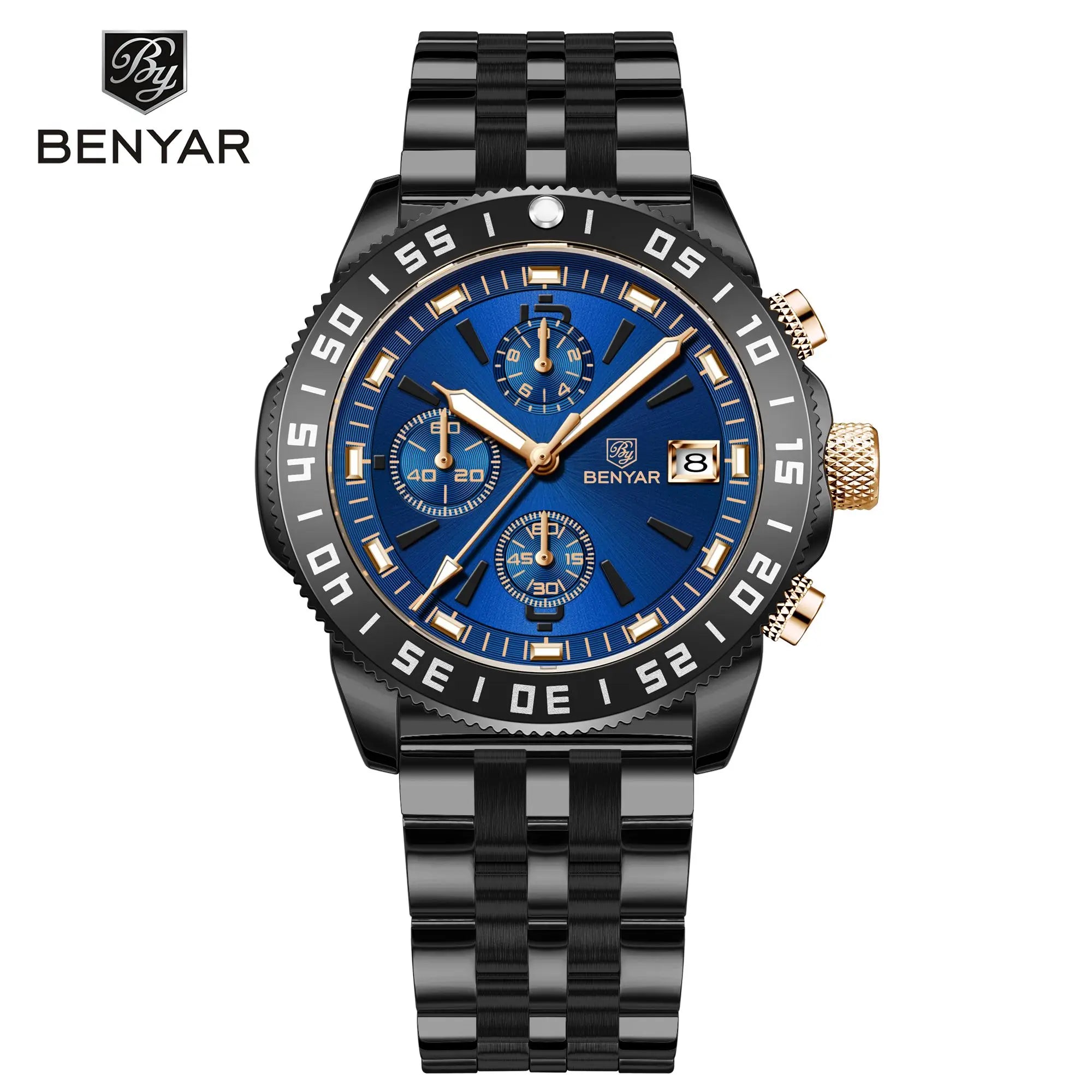 Benyar 5198 Men Timepiece Stainless Steel Band Water Proof Chronometer Character Business Wristwatch