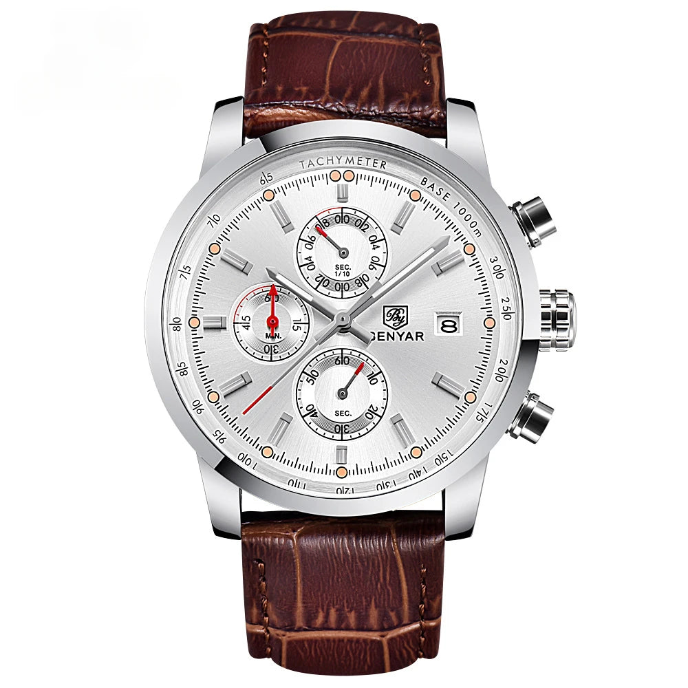 Benyar 5102 Men's Watches Waterproof Leather Strap Watches Men's Chronographs Top Brand Hot Quartz Watches