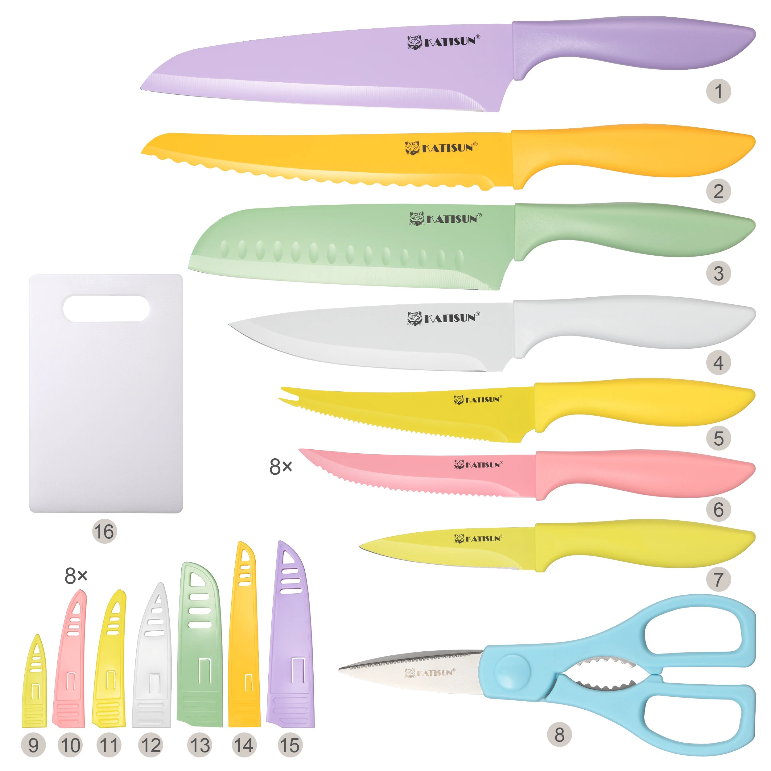 30 Pieces Color Coding Stainless Steel Knives Set, Anti-Rust and Dishwasher Safe with Blade Covers, Cutting Board, and Shear