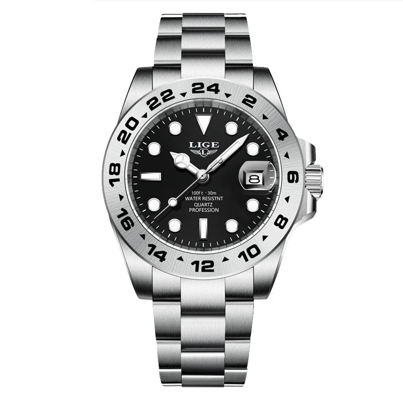 LIGE Luxury Man Watch Fashion Classic Business 30M Waterproof Luminous Quartz Wristwatch Stainless Steel Calendar Men Watches