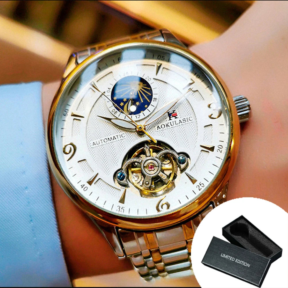 Fashion Moon Phase Mens Watches Top Brand Luxury Tourbillon Skeleton Automatic Mechanical Watch Stainless Steel Strap AOKULASIC