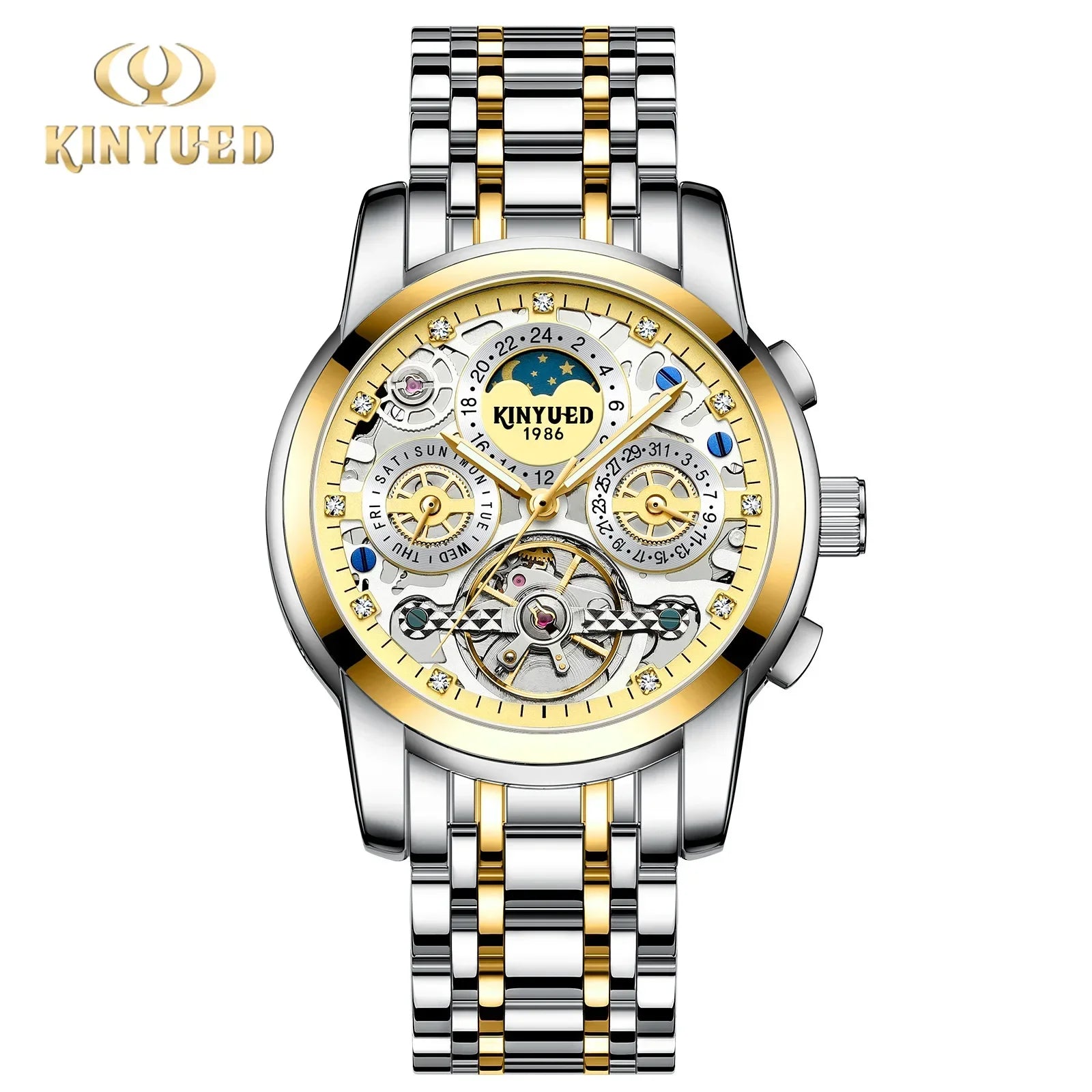 Tourbillon Automatic Watch for Men Diamond Moon Phase Mechanical Mens Watches Waterproof Silver Gold Stainless Steel Wristwatch