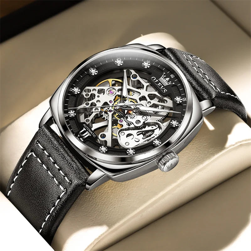 OLEVS Luxury Men Watches Automatic Mechanical Wristwatch Skeleton Design Waterproof Leather Strap Male Watch Reloj Hombre