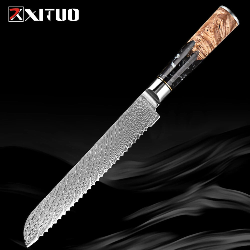 Damascus Steel Kitchen Knives 1-9PC Set XITUO Japanese chef knife Cleaver Bread Knife Resin and wooden Ergonomics handle Sharp