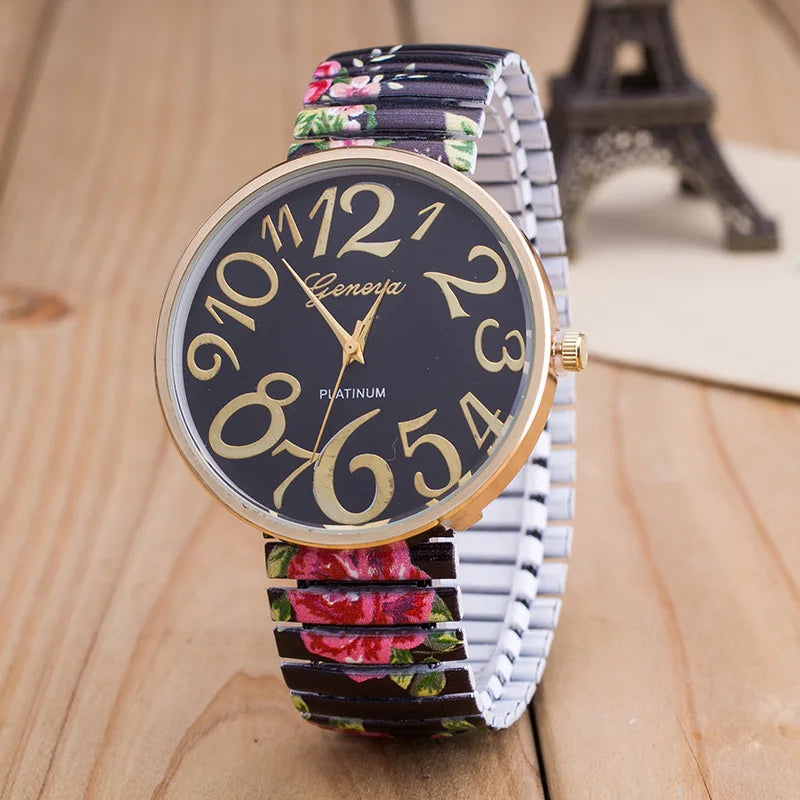 Women's Quartz Watch Luxury Ladies Elastic Bracelet Quartz Watch Simple Digital Big Dial Printed Silicone Strap Reloj Mujer