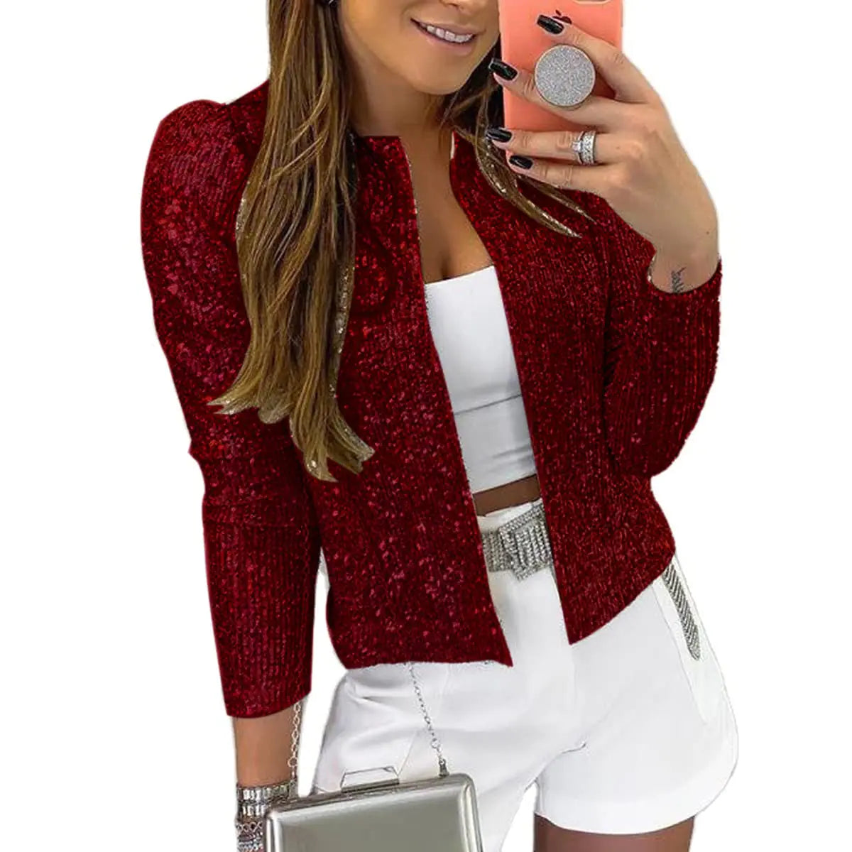 Sparkle Sequin Open Jacket - Wine Red