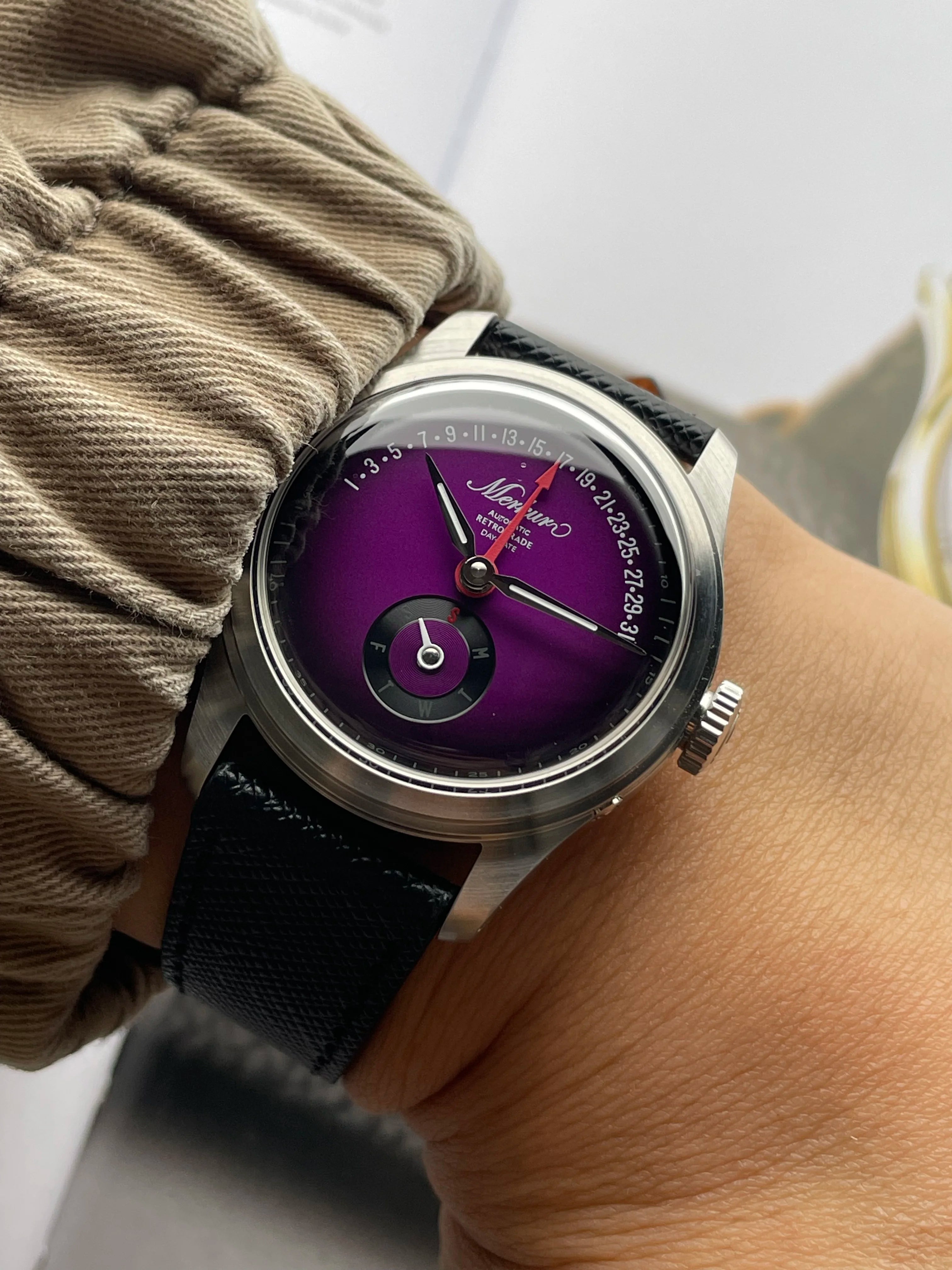 NEW MERKUR Multi-function Calendar Flying Back Automatic Mechanical Purpl Dial  Retro Dress Watch Leather часы мужские наручные