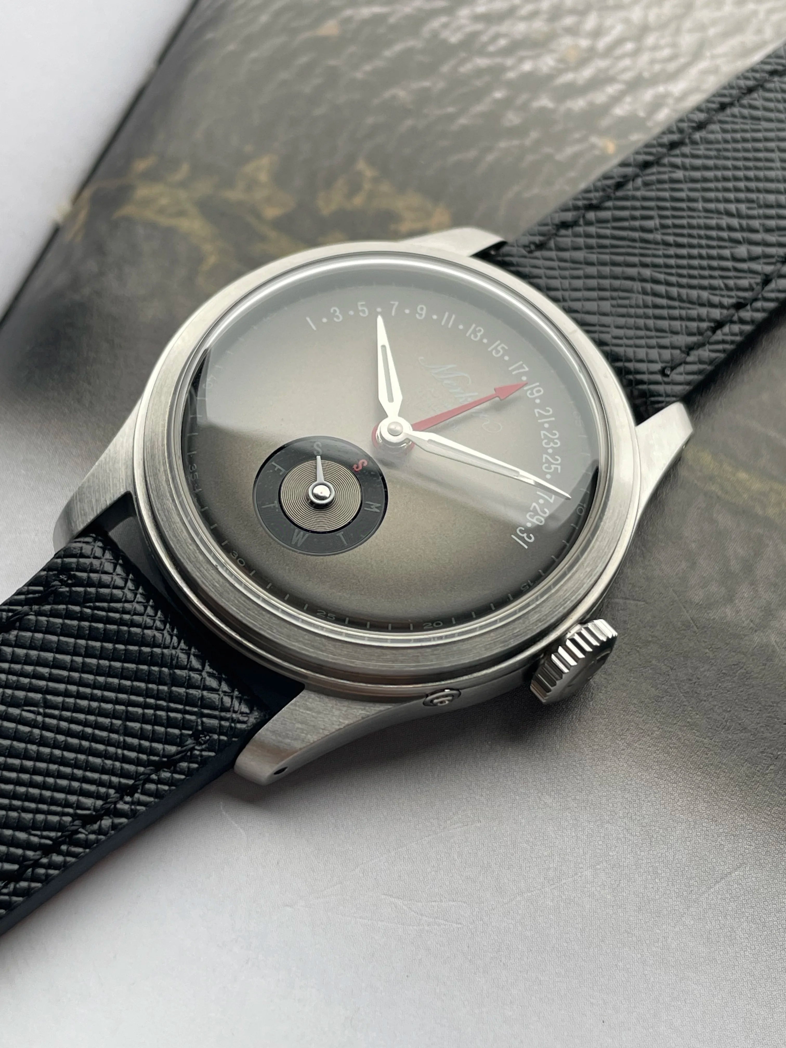NEW MERKUR Multi-function Calendar Flying Back Automatic Mechanical Purpl Dial  Retro Dress Watch Leather часы мужские наручные