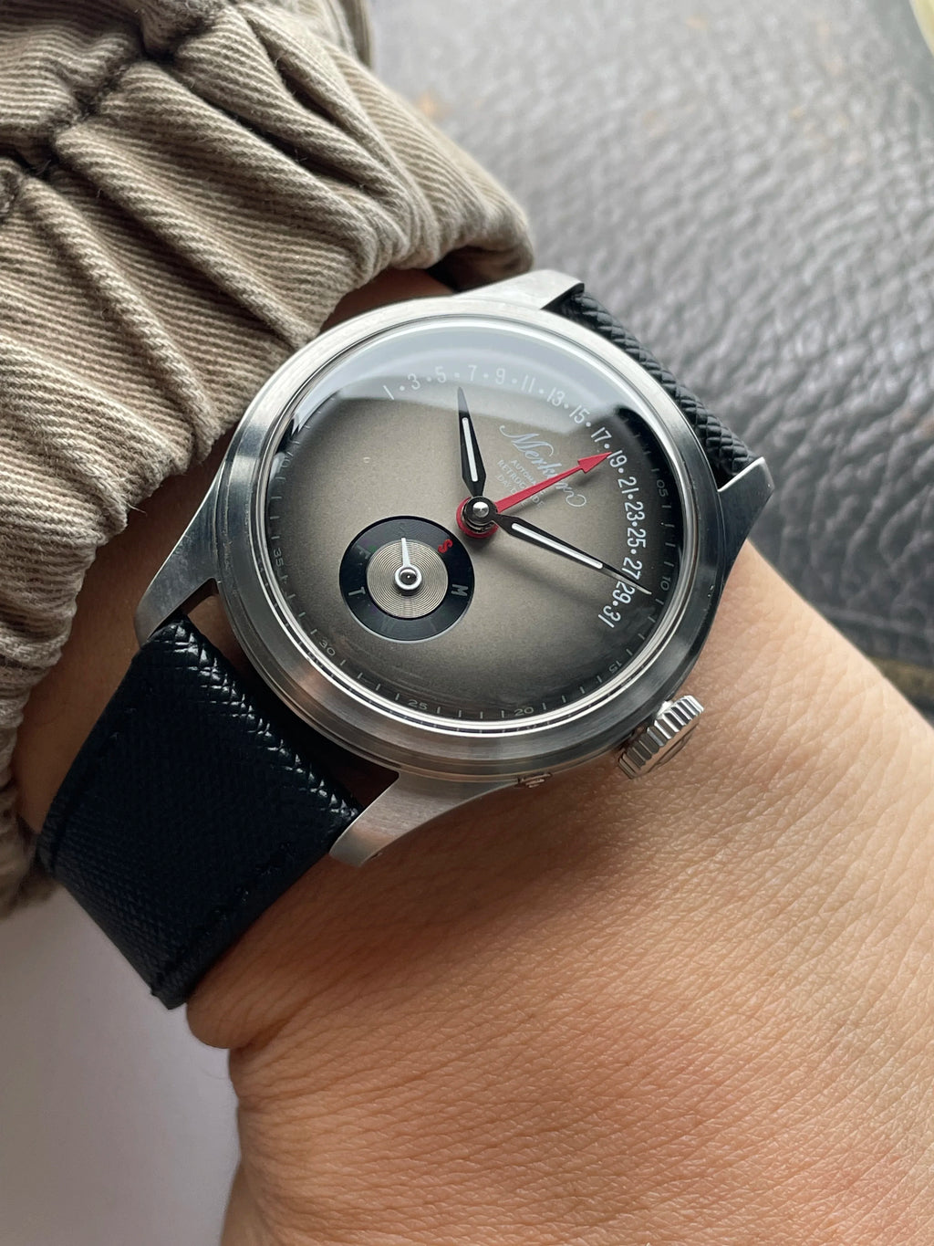 NEW MERKUR Multi-function Calendar Flying Back Automatic Mechanical Purpl Dial  Retro Dress Watch Leather часы мужские наручные