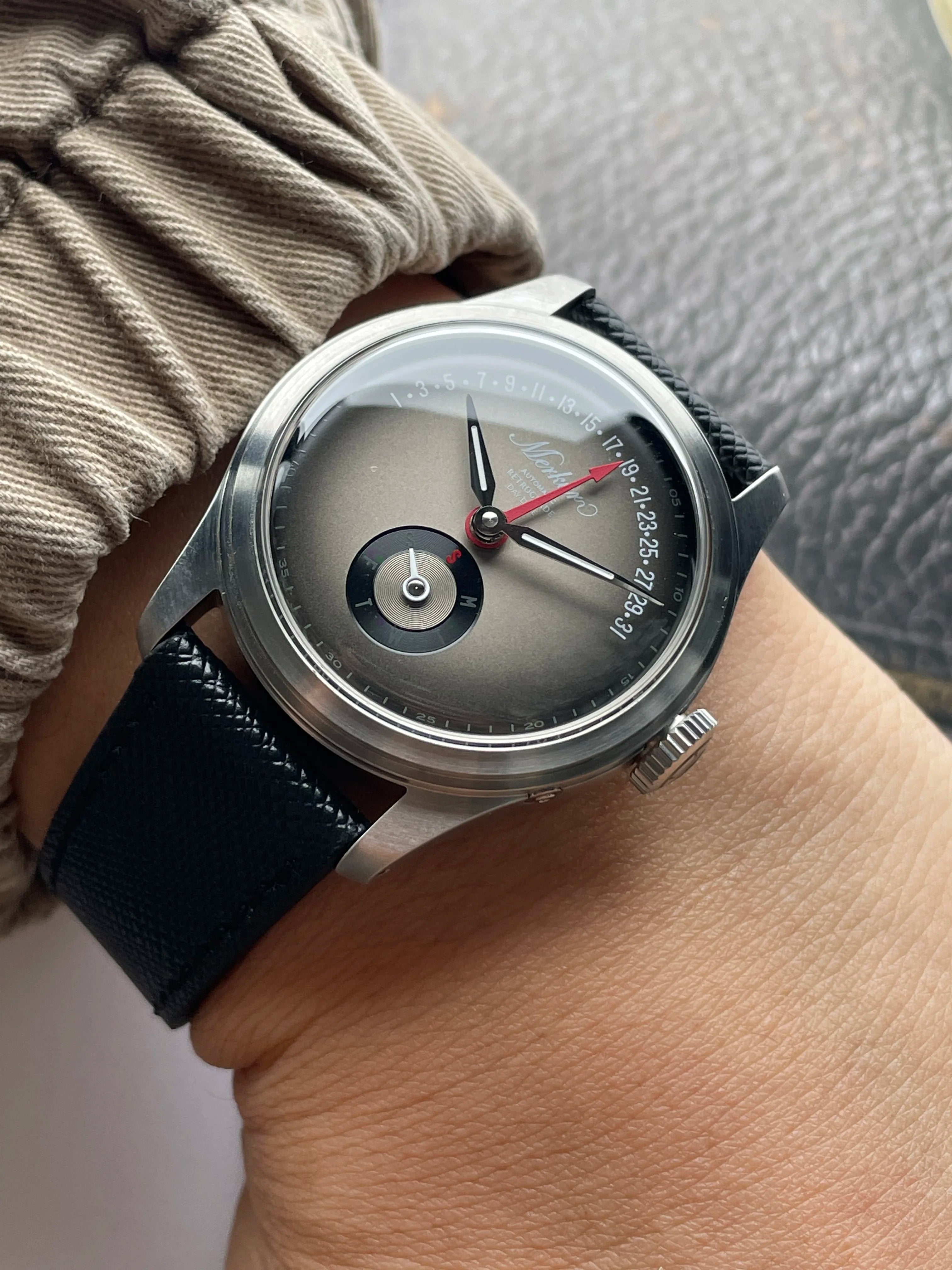 NEW MERKUR Multi-function Calendar Flying Back Automatic Mechanical Purpl Dial  Retro Dress Watch Leather часы мужские наручные