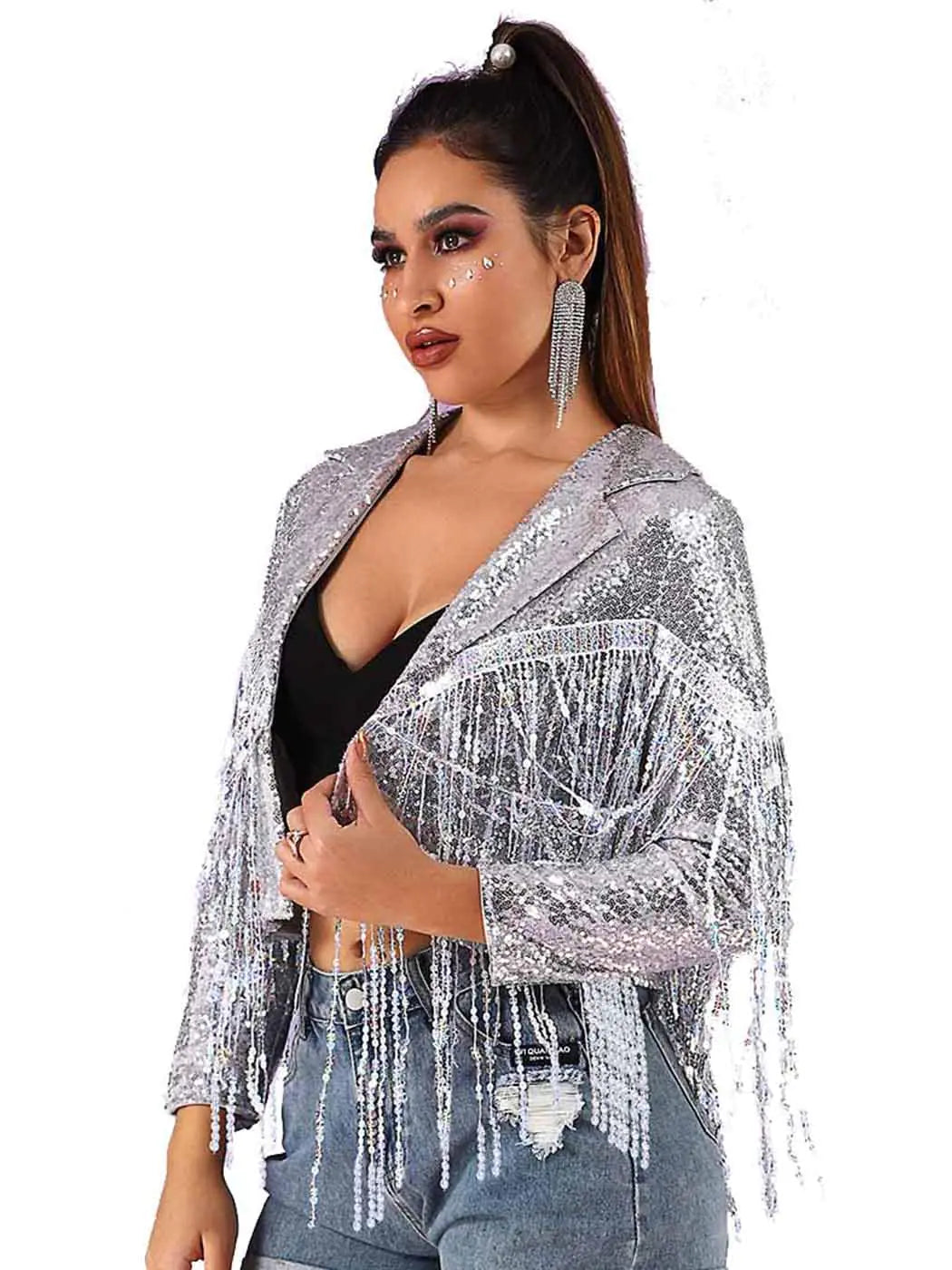 Glitzy Women's Sequin Tassel Bomber Jacket