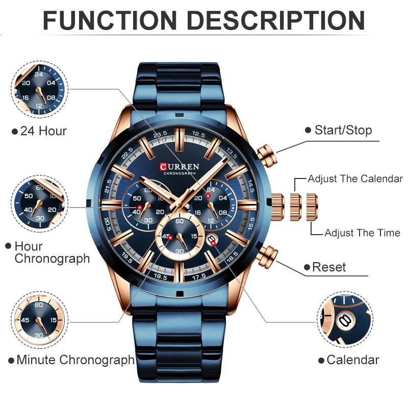 CURREN Men's Full Steel Chronograph Watch - Waterproof Luxury Sports Quartz Timepiece