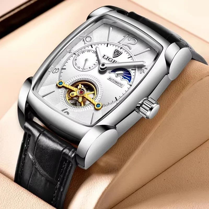 Lige 8949 Watches Square Reloj Montre Watch Automatic Tourbillon Clock Genuine Leather Waterproof Mechanical Wristwatch for Men