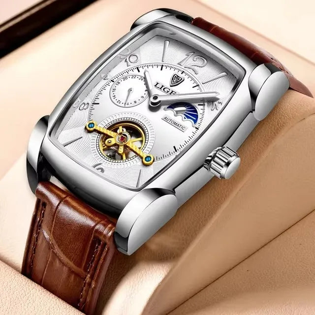 Lige 8949 Watches Square Reloj Montre Watch Automatic Tourbillon Clock Genuine Leather Waterproof Mechanical Wristwatch for Men