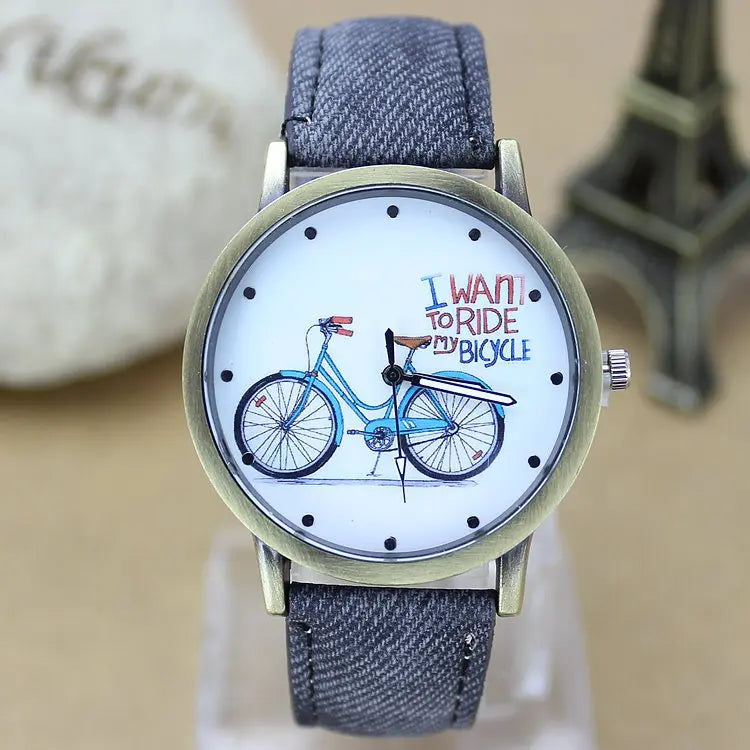 New Fashion Men bicycle Watch Women Jean Fabric Leather Strap Dress Watches Relogio Feminino Ladies Casual Quartz Watch Hot Hour