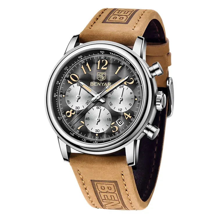 Benyar  5190  Band Waterproofing Calendar Character Business Wristwatch Luxury  Moq 1 Brown Gents Clock clear Genuine Leather