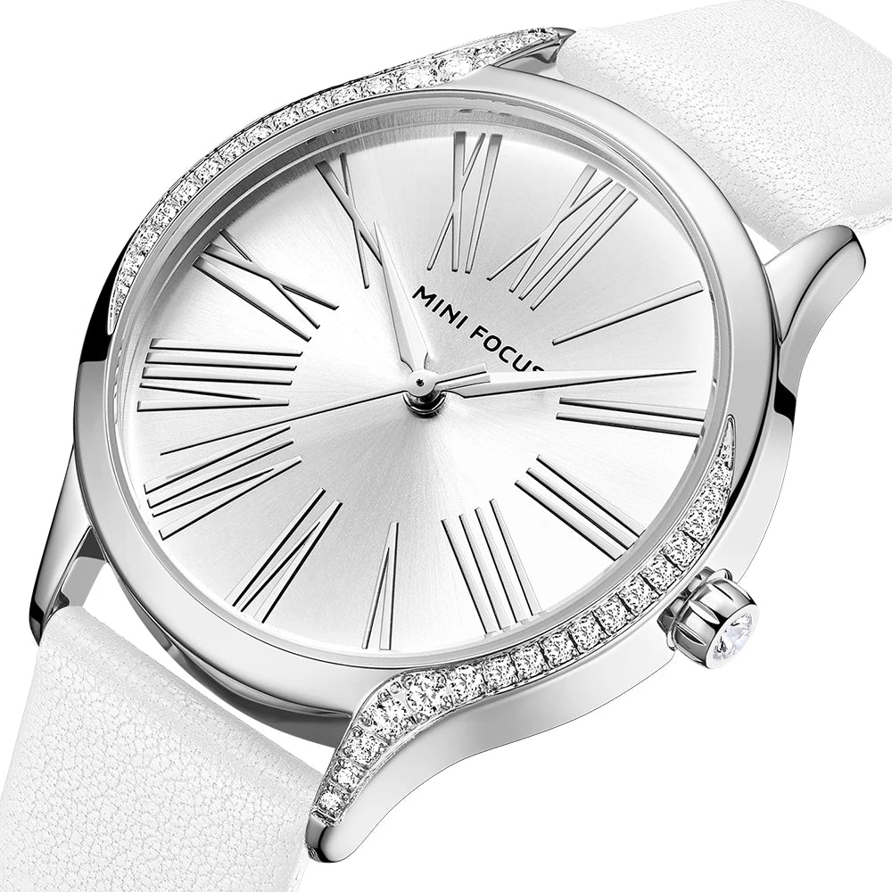 Diamond Grace - Women's Leather Strap Watch with Crystal Case