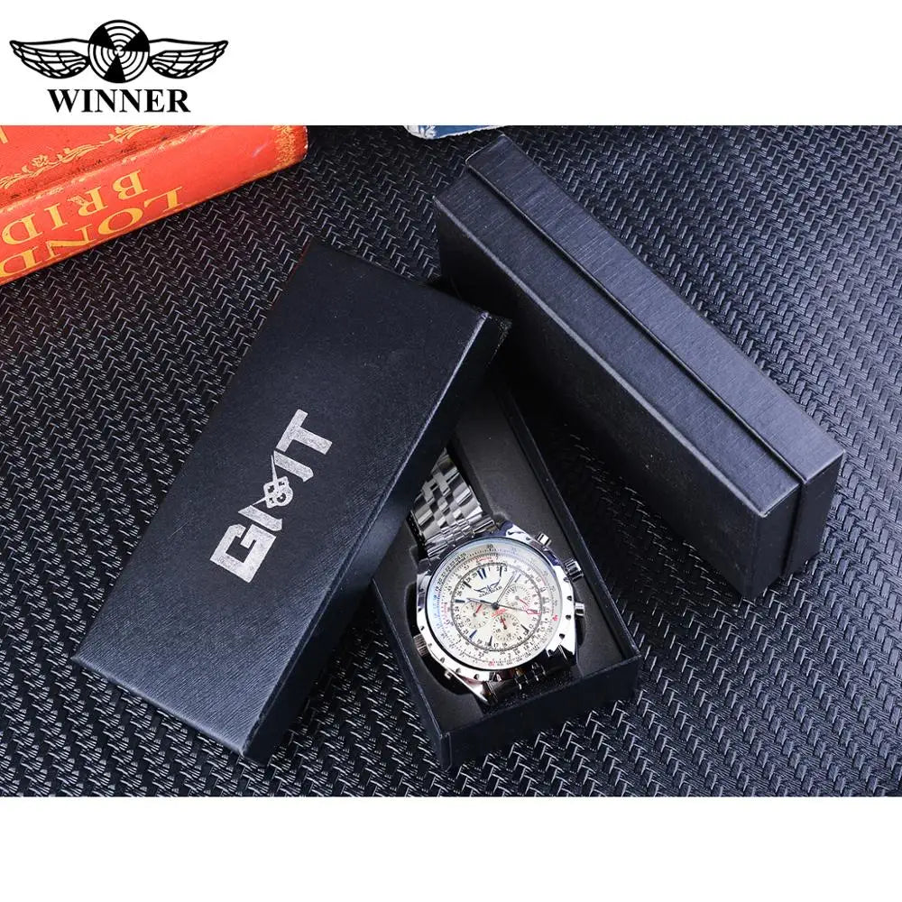 Jaragar Men's Automatic Mechanical Watch - White Dial Complete Calendar Luminous Steel