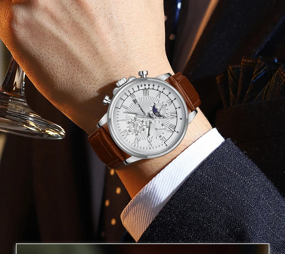 CRRJU Men's Leather Chronograph Watch