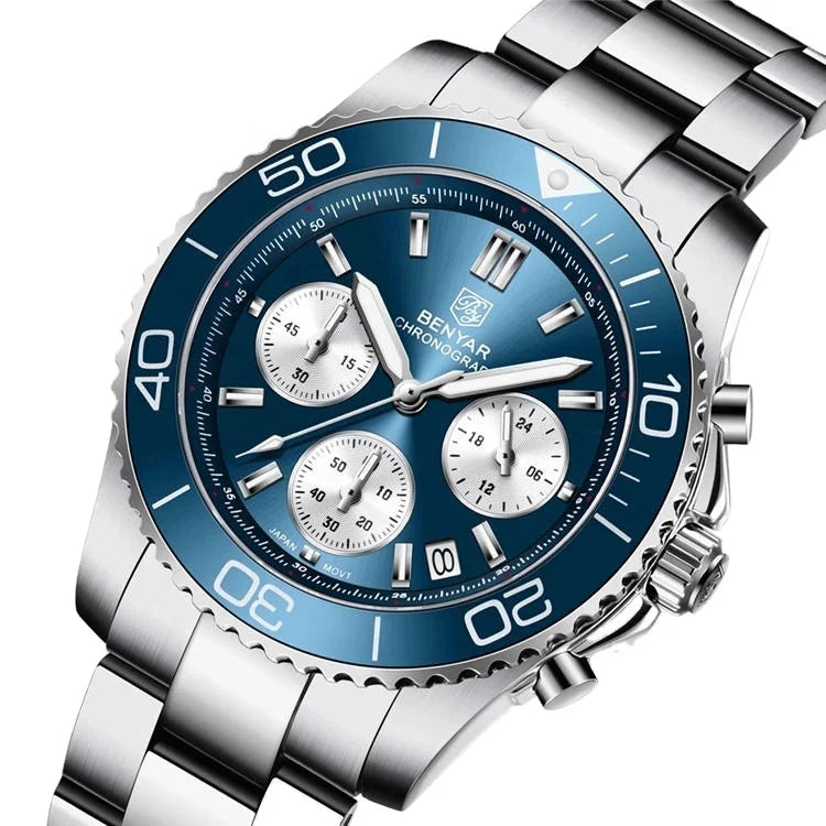 BENYAR S002 Stainless Steel Men Waterproof Wristwatch Japan Chronograph Quartz Benyar Watches Reloj Hombre