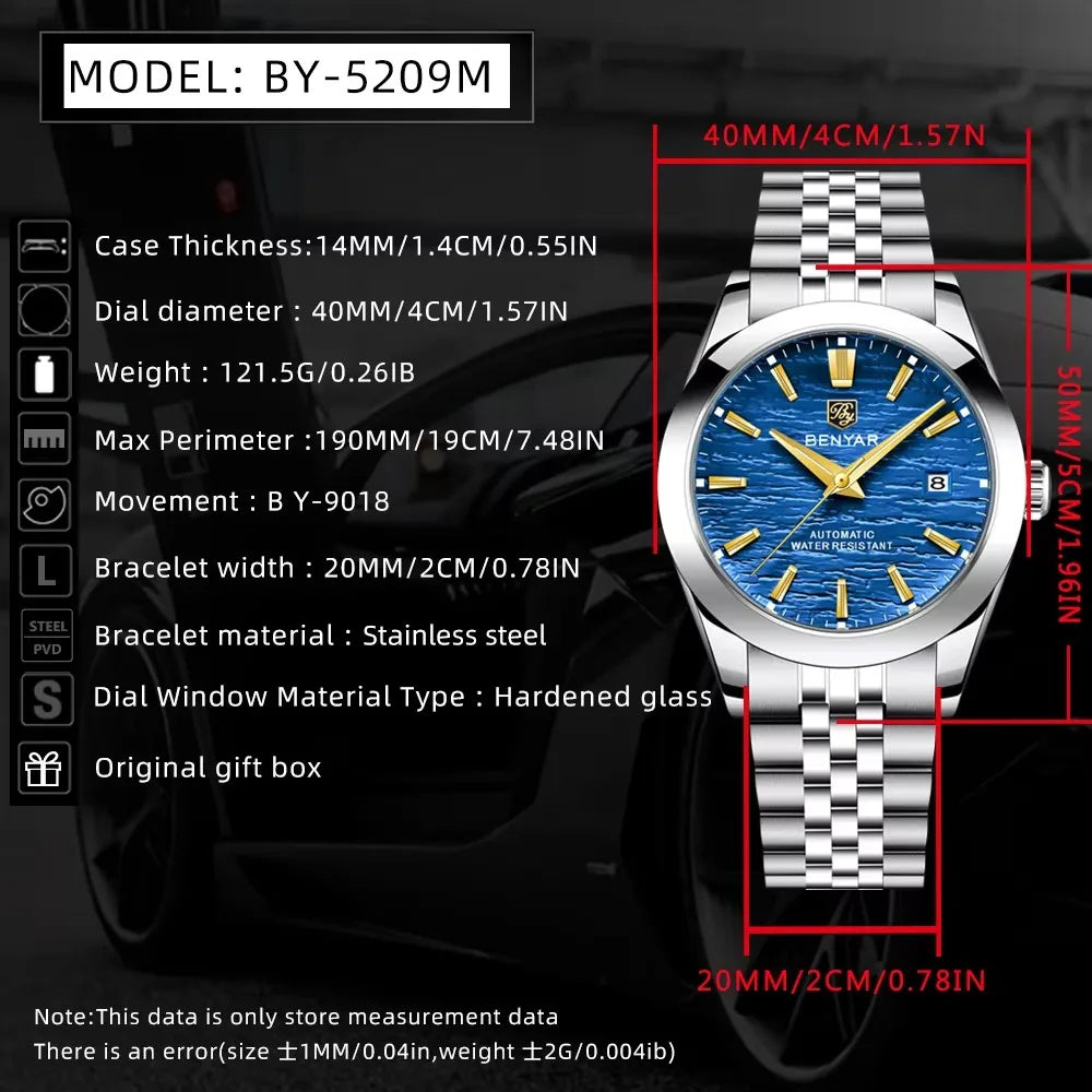 BENYAR 2024 New Design 40MM Dial Mechanical Watch 316L Stainless Steel Simple  Waterproof Men's Automatic Watch 5209