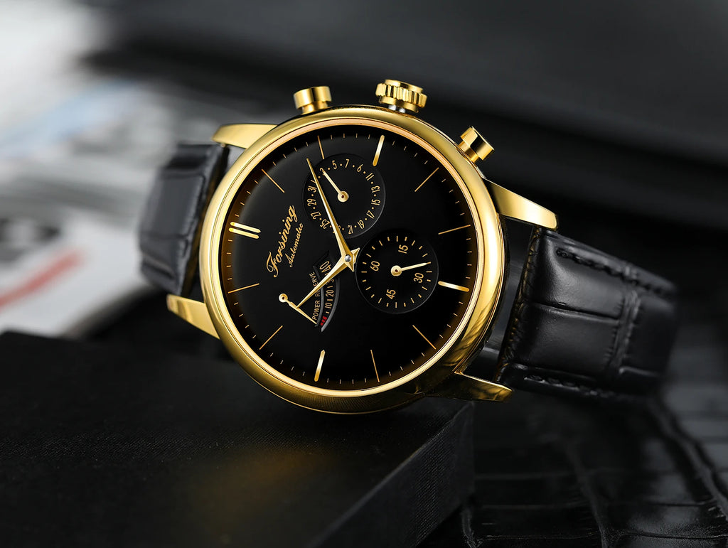 FORSINNG Men's Mechanical Watch - Black Gold Skeleton Dial Automatic Movement Leather Strap