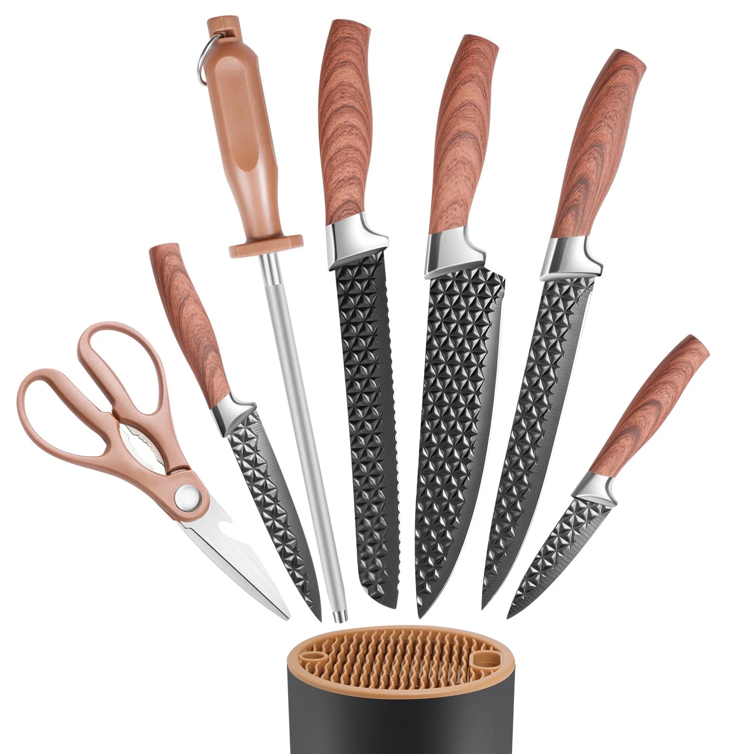 Yangjiang 7-Piece Kitchen Knife Set Including Chef Santoku Nakiri and Fruit Slicer Plastic Knife Holder Slicing Cleaver Knives