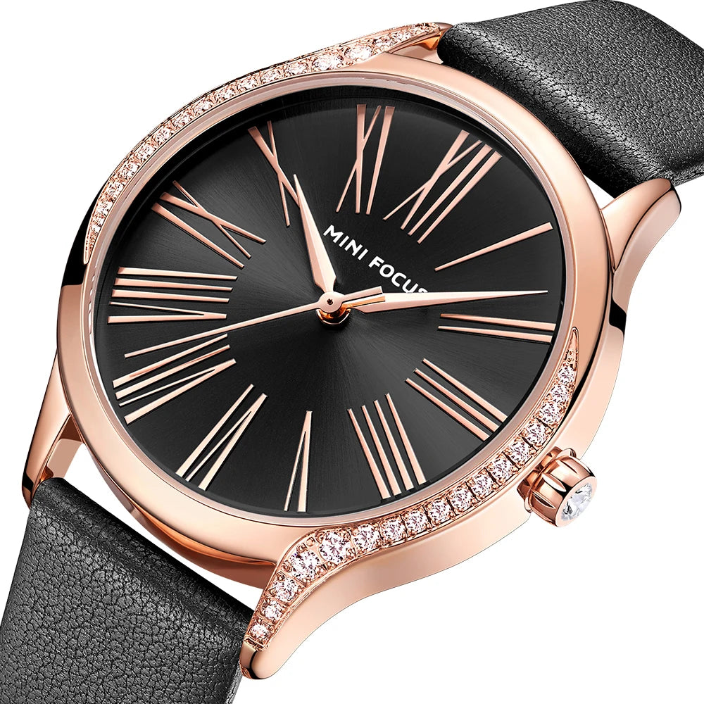 Diamond Grace - Women's Leather Strap Watch with Crystal Case
