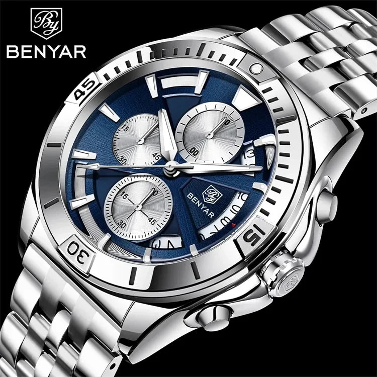 BENYAR 5180 5180M Luxury Brown Genuine Leather Quartz Watch for Men Multifunctional Chronograph Waterproof Calendar Men's Watch