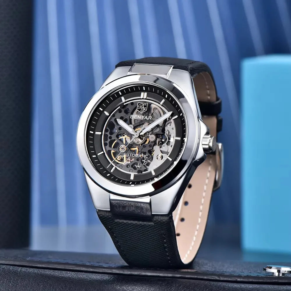 BENYAR 5207 Watches Men Luxury  Mechanical Mens Wrist Watches Leather Strap Casual Watch 50m Waterproof Reloj De Hombre