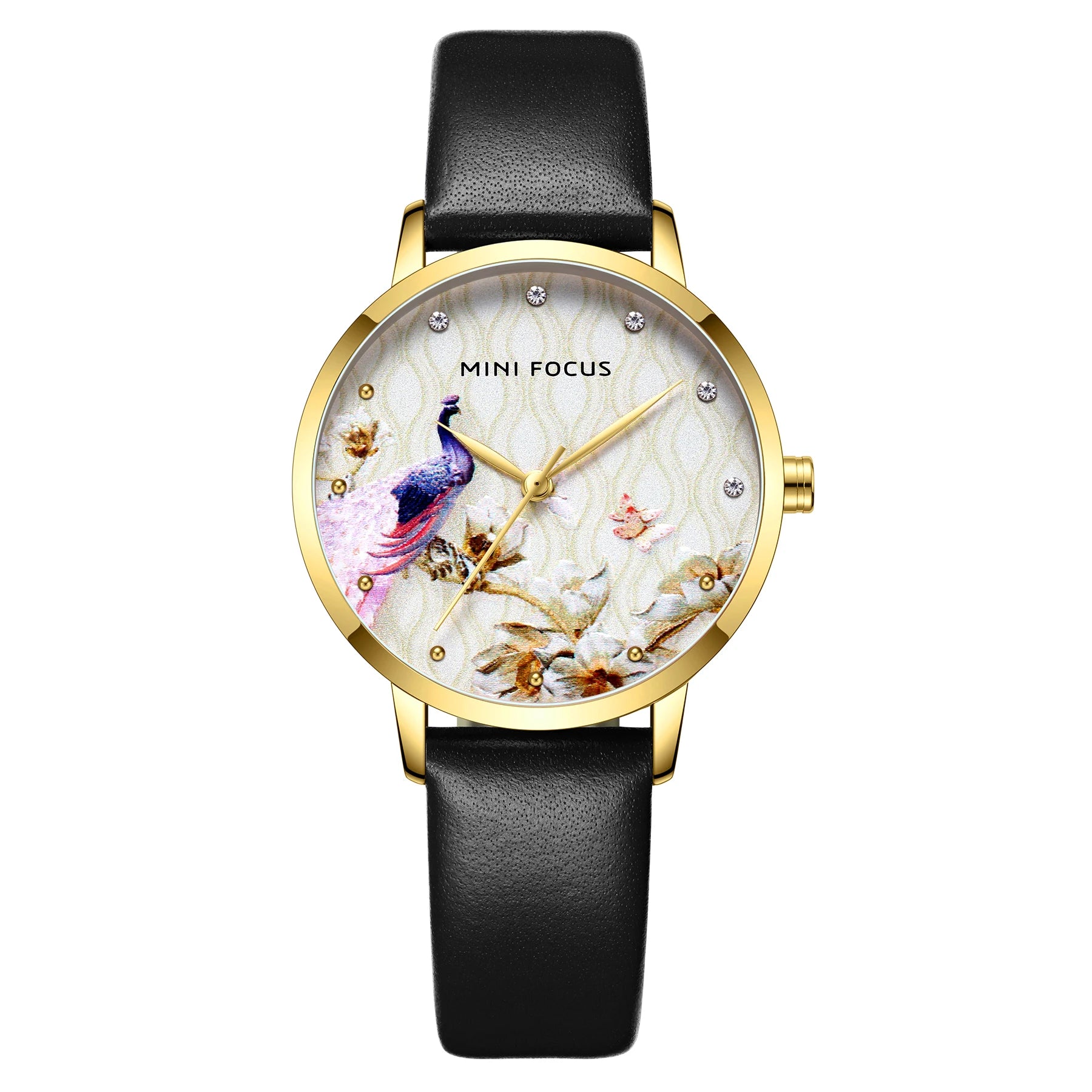 Peacock Elegance - Women's Luxury Leather Watch with Artistic Dial