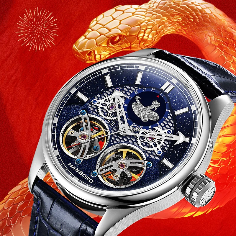 HANBORO Automatic Men's Skeletonized Design Mechanical Watch 22mm Band Width Glass Dial Window Display Double Flywheel
