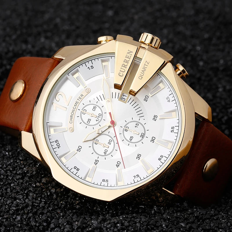 CURREN Men's Luxury Gold Big Dial Quartz Watch - Leather Strap Sport Casual