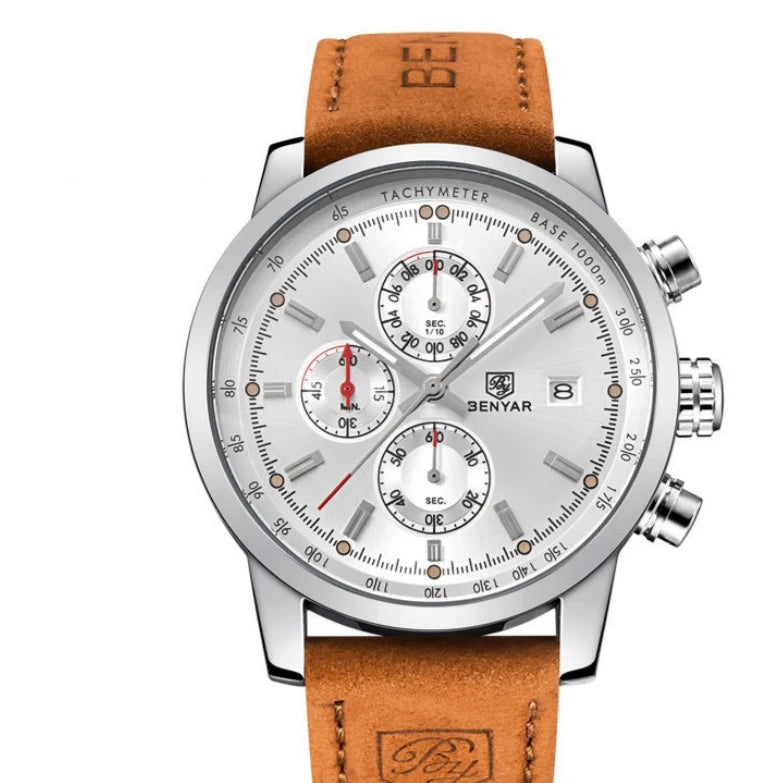 Benyar 5102 Men's Watches Waterproof Leather Strap Watches Men's Chronographs Top Brand Hot Quartz Watches