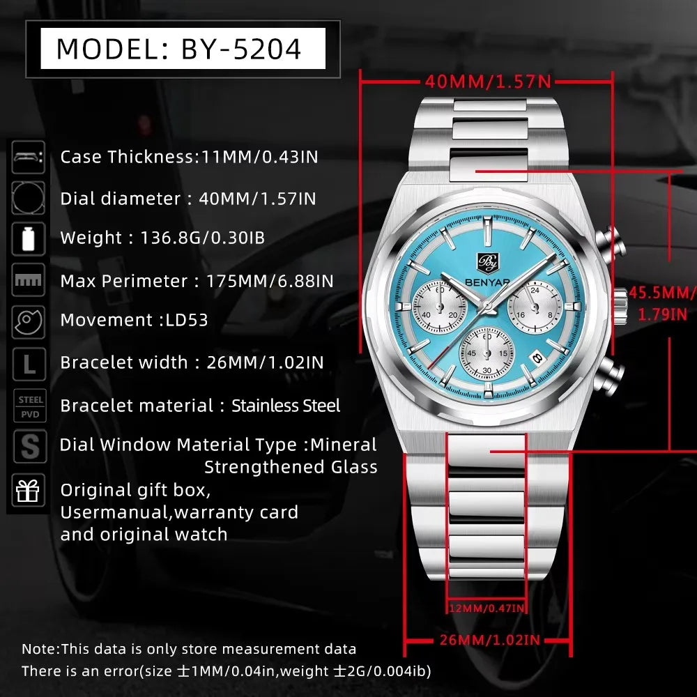 BENYAR 5204 New 40MM Multi Time Zone Three Eye Timing Luxury Men's Quartz Watches Stainless Steel Watch for Men Chronograph