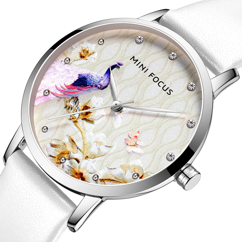 Peacock Elegance - Women's Luxury Leather Watch with Artistic Dial