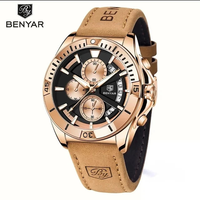 BENYAR 5180 5180M Luxury Brown Genuine Leather Quartz Watch for Men Multifunctional Chronograph Waterproof Calendar Men's Watch