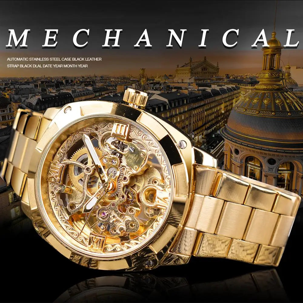 Forsining Men's Automatic Mechanical Watch - Luxury Golden Skeleton Dial with Luminous Hands