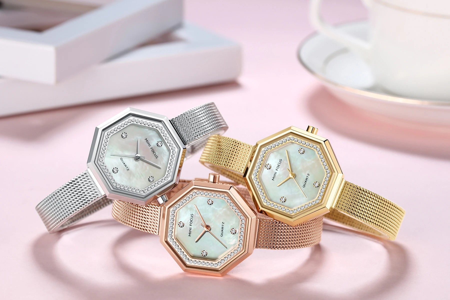 Crystalline Octagon Mesh Watch - Women's Luxury Timepiece