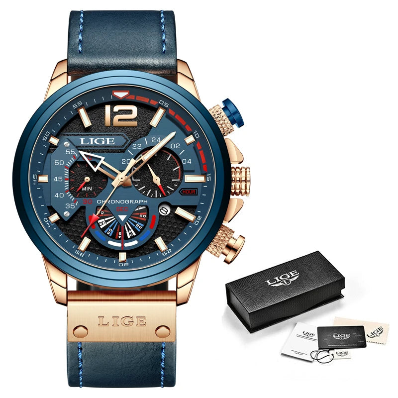 LIGE Mens Watches Big Dial Quartz Wristwatch Business Leather Watch for Men Luminous Waterproof Watch Man Relogio Masculino+Box