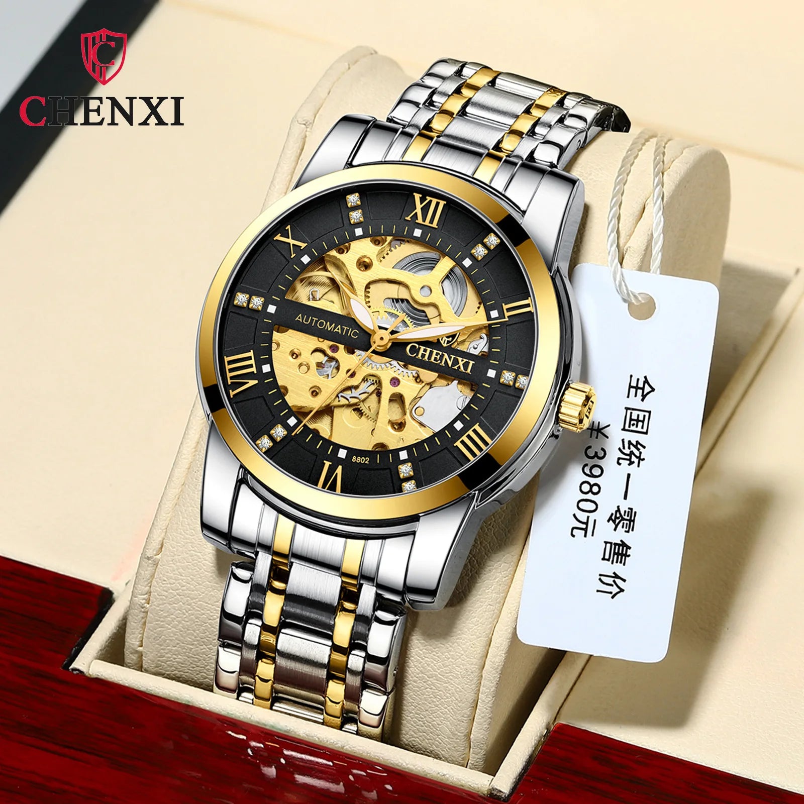 CHENXI Mechanical Watch for Men Golden Stainless Steel Roman Diamond Diamond Big Dial Automatic Watch for Men Luxury Wristwatch
