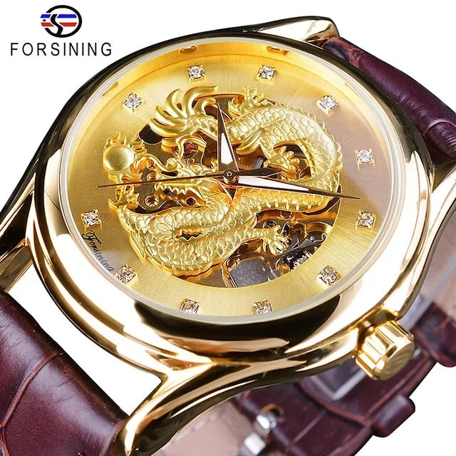Top Brand Luxury Forsining Watch Diamond Display Dragon Golden Display Luminous Hand Transparent Men Watch Mechanical Watch
