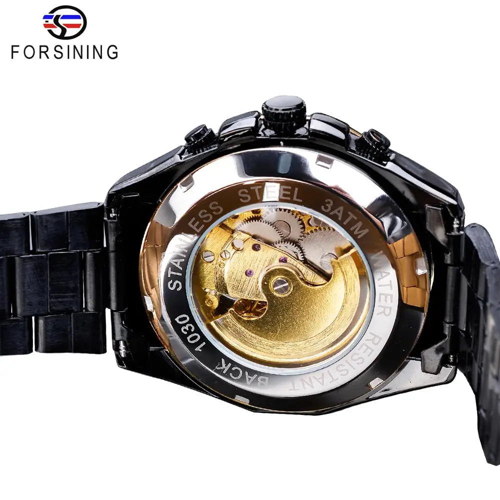 Top Brand Luxury Forsining Golden Skeleton Fashion Black Stainless Steel Design Automatic Sport Hour Timepiece Mechanical Watch