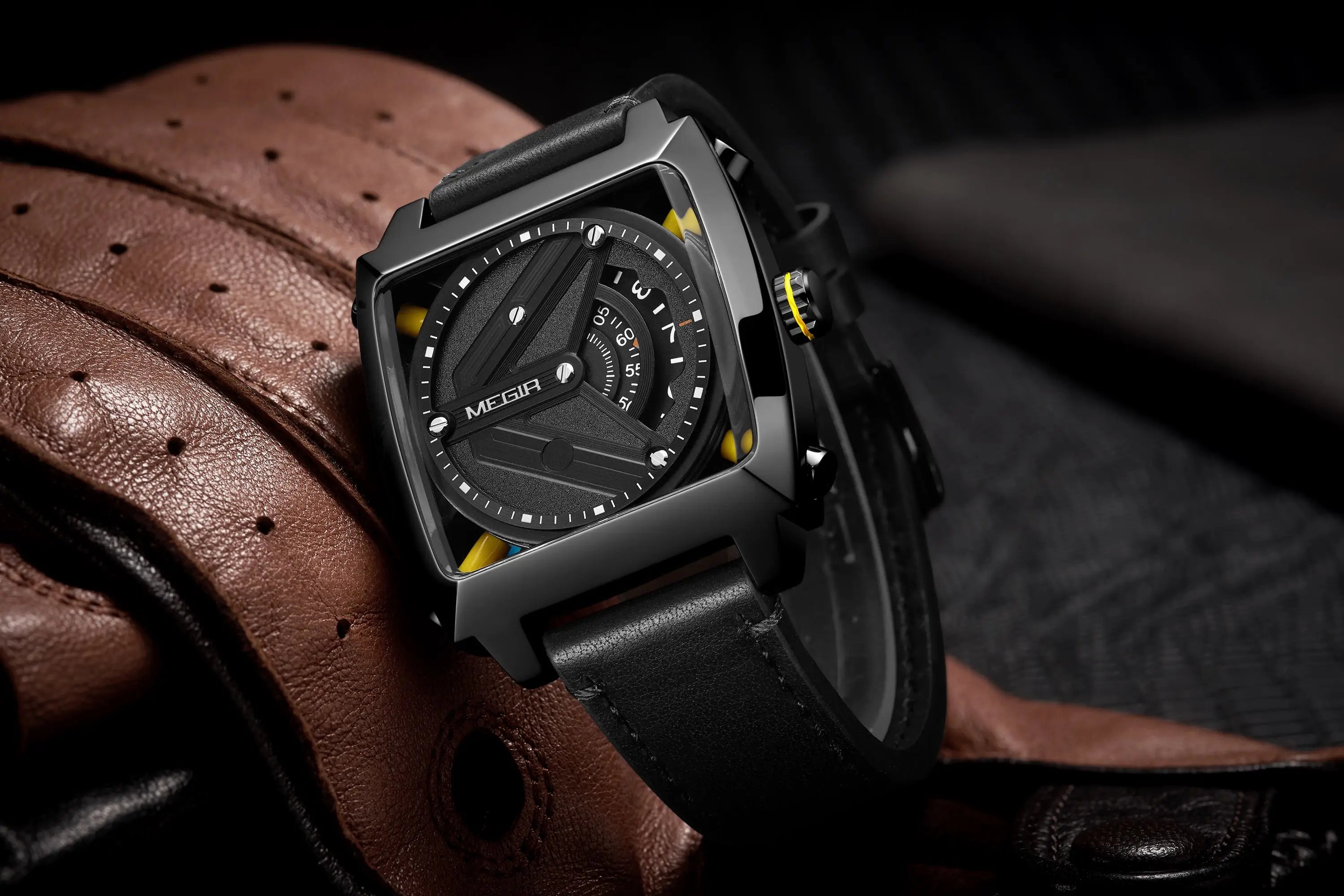 MEGIR 62071 Men's Waterproof Business Casual Leather Strap Automatic Mechanical Watch Tonneau Case Charm Wristwatch Montre Homme