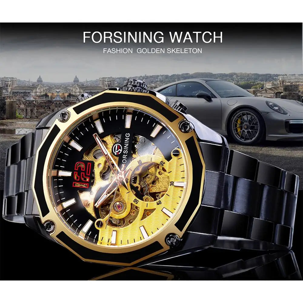 Top Brand Luxury Forsining Golden Skeleton Fashion Black Stainless Steel Design Automatic Sport Hour Timepiece Mechanical Watch