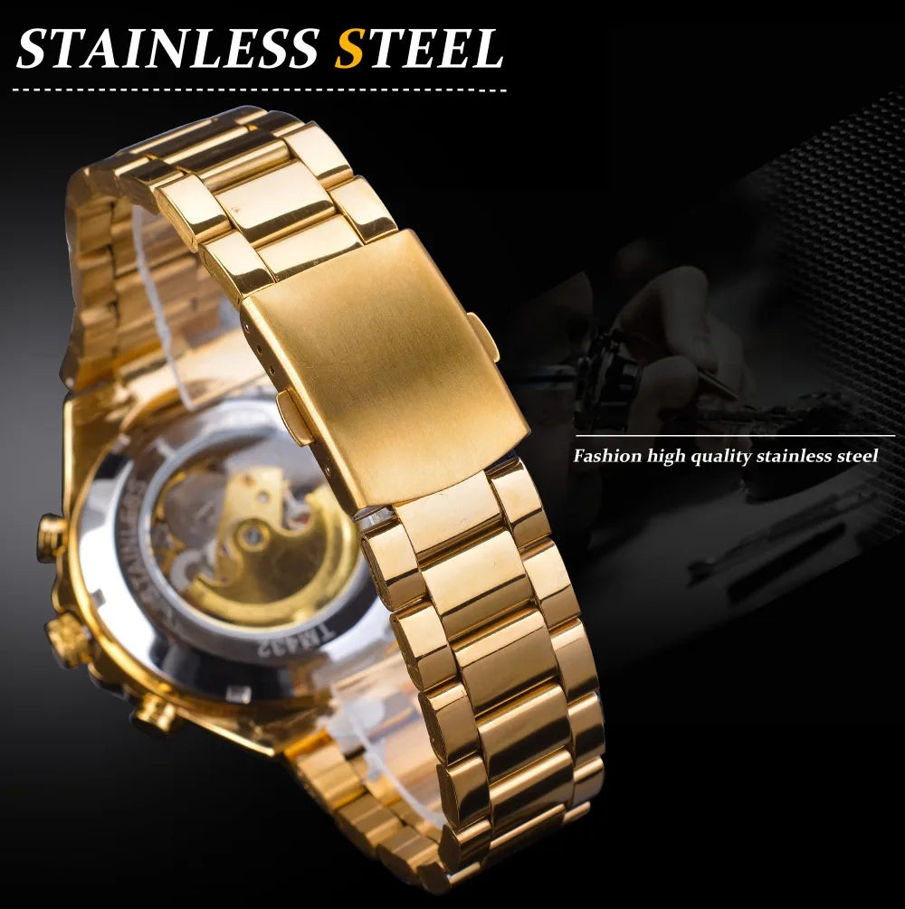 Winner Men's Automatic Mechanical Watch - Black Gold Steel Waterproof Luminous Sport