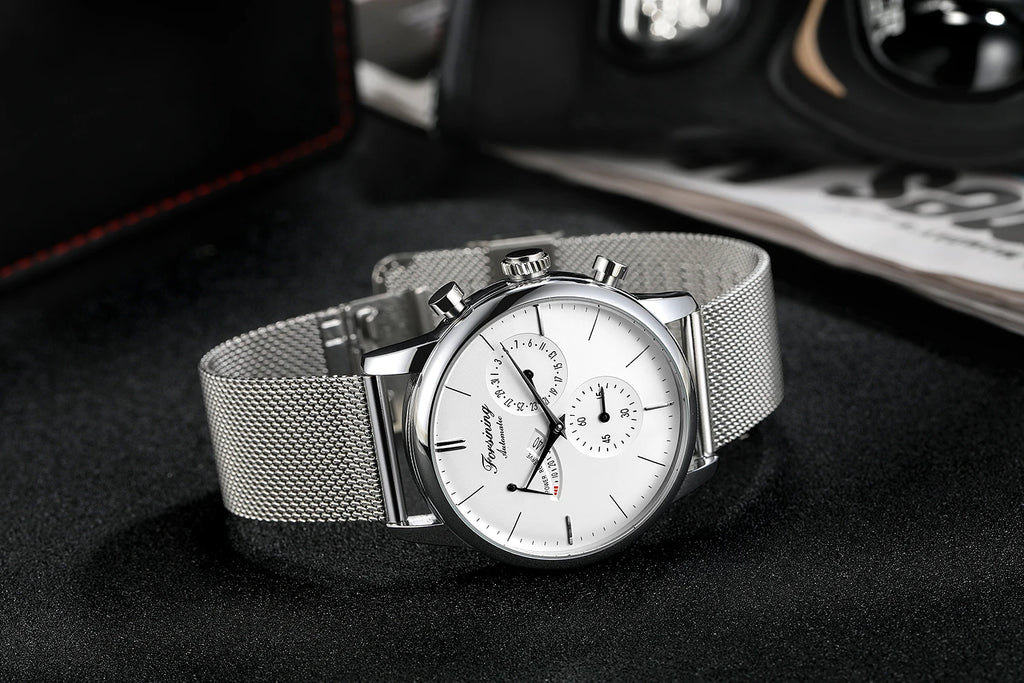 Power Reserve Automatic Watch - White Dial Mesh Band