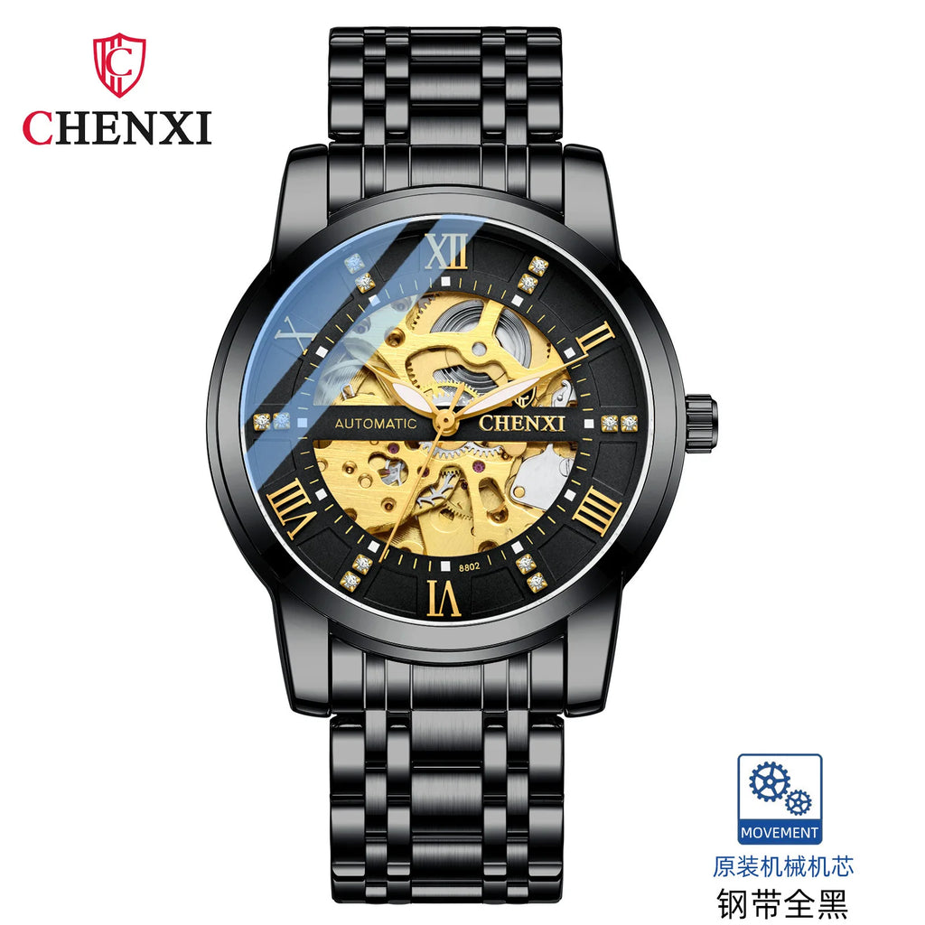 CHENXI Mechanical Watch for Men Golden Stainless Steel Roman Diamond Diamond Big Dial Automatic Watch for Men Luxury Wristwatch