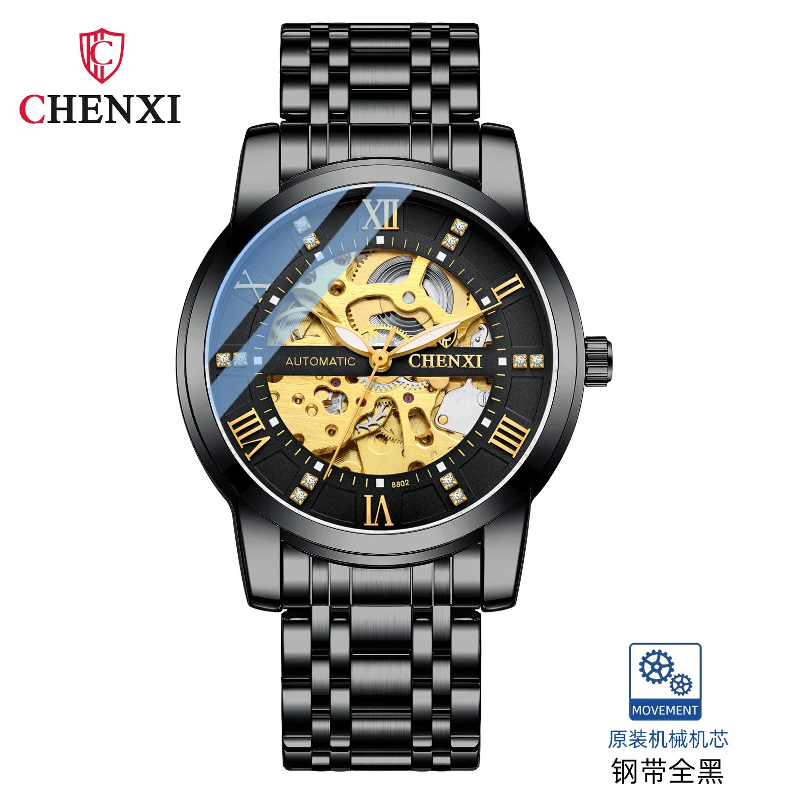 CHENXI Mechanical Watch for Men Golden Stainless Steel Roman Diamond Diamond Big Dial Automatic Watch for Men Luxury Wristwatch